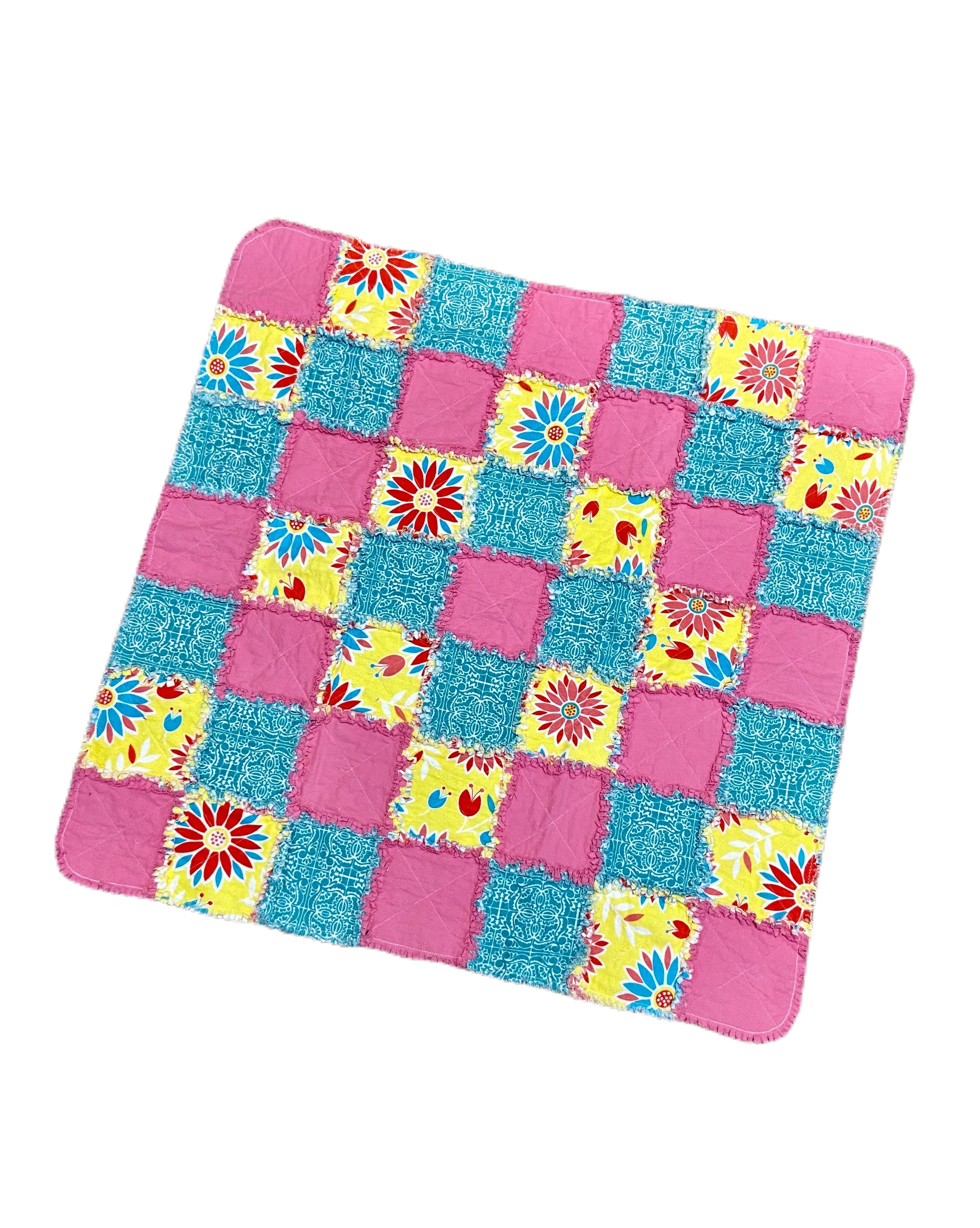 Pink and Teal Floral Cotton Rag Quilt