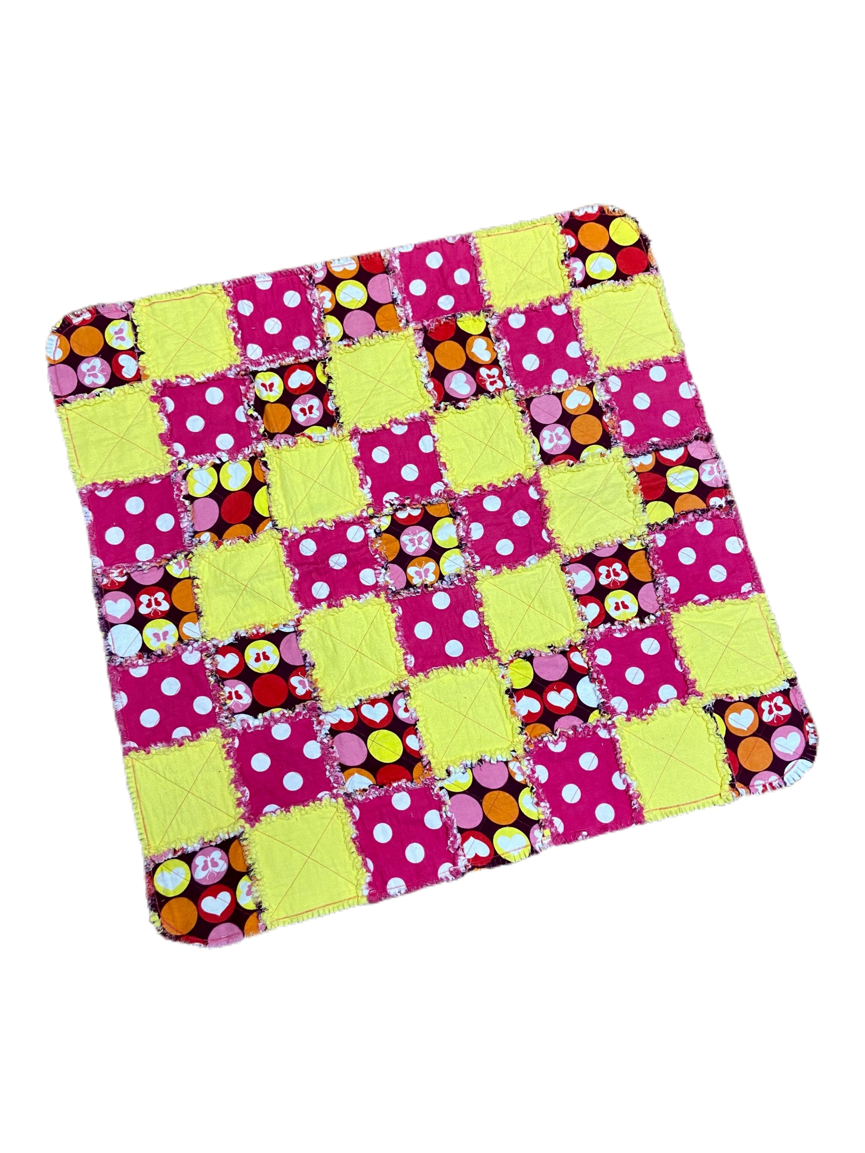 Pink and Yellow Polka Dot Cotton Rag Quilt